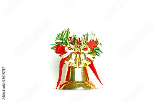 golden bell with red ribbon Christmas accessory isolate on white