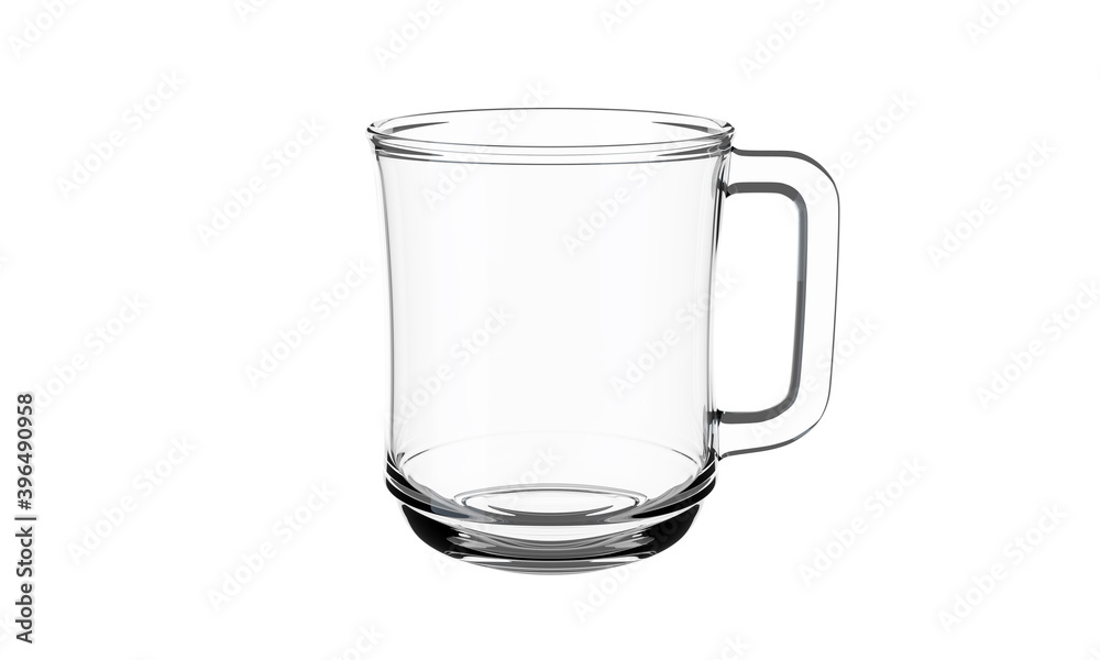 Empty glass cup with handle isolated on white background. 3D illustration. Empty glass cup with handle isolated on white background. 3D illustration.
