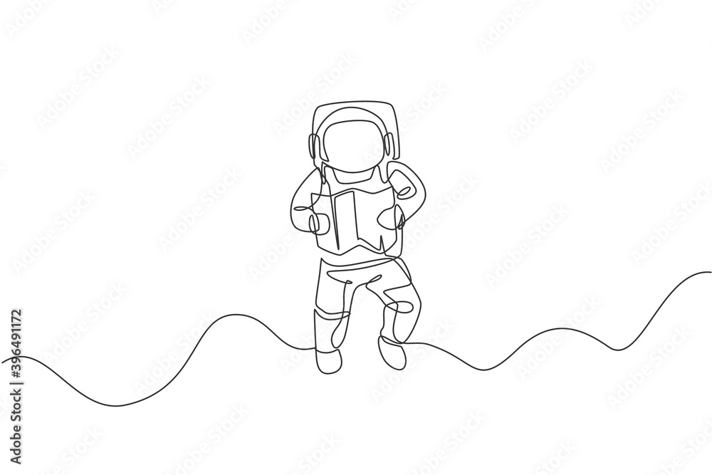 Single continuous line drawing floating science astronaut in spacewalk reading map navigator. Fantasy deep space exploration, fiction concept. Trendy one line draw design graphic vector illustration Single continuous line drawing floating science astronaut in spacewalk reading map navigator. Fantasy deep space exploration, fiction concept. Trendy one line draw design graphic vector illustration