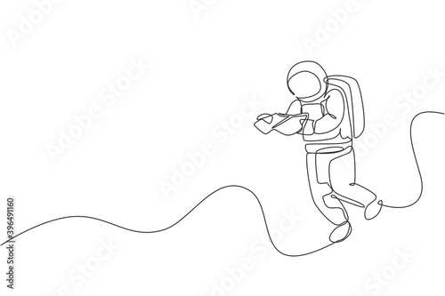 Single continuous line drawing of floating science astronaut in spacewalk reading space map. Fantasy deep space exploration, fiction concept. Trendy one line draw graphic design vector illustration