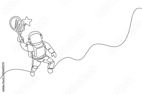 Single continuous line drawing of floating science astronaut in spacewalk hitting star using racket. Fantasy deep space exploration, fiction concept. Trendy one line draw design vector illustration