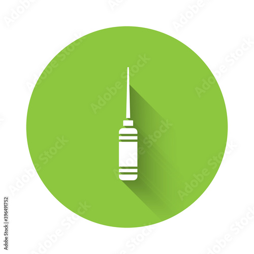 White Awl tool with wooden handle icon isolated with long shadow. Work equipment tailor industry. Green circle button. Vector Illustration.