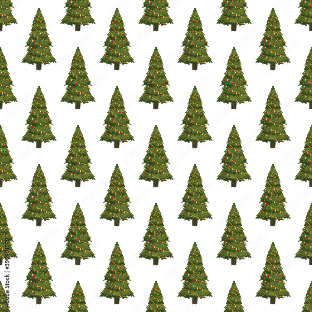 Christmas fir trees in a seamless pattern, modern hand draw design. Winter forest background. Can be used for printed new year materials - leaflets, posters, business cards or for web