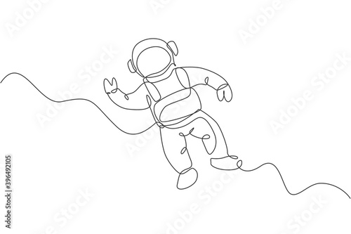 Single continuous line drawing of young cosmonaut scientist discovering spacewalk universe in vintage style. Astronaut cosmic traveler concept. Trendy one line draw design vector graphic illustration