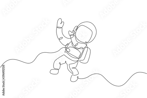 Single continuous line drawing of young cosmonaut scientist discovering spacewalk universe in vintage style. Astronaut cosmic traveler concept. Trendy one line draw graphic design vector illustration