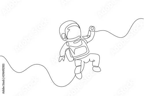 One single line drawing of young astronaut in spacesuit flying at outer space vector illustration graphic. Spaceman adventure galactic space concept. Modern continuous line draw design