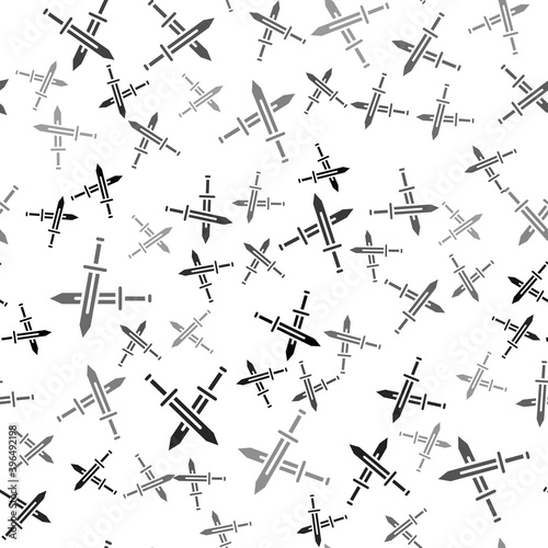 Black Crossed medieval sword icon isolated seamless pattern on white background. Medieval weapon. Vector.