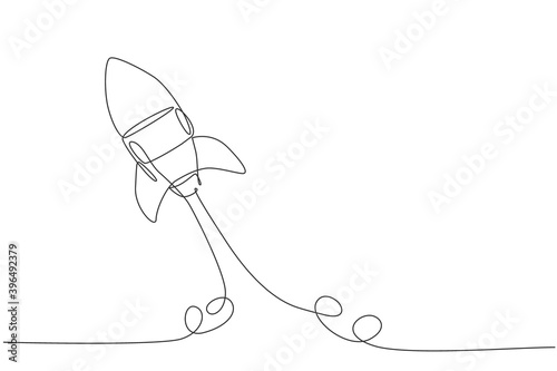One continuous line drawing of simple retro spacecraft flying up to the outer space nebula. Rocket space ship launch into universe concept. Dynamic single line draw design vector graphic illustration
