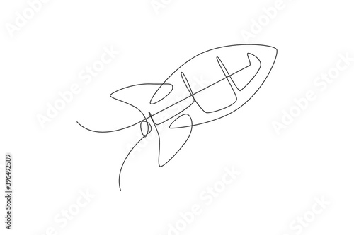 One continuous line drawing of simple retro spacecraft flying up to the outer space nebula. Rocket space ship launch into universe concept. Dynamic single line draw graphic design vector illustration