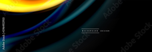 Dynamic motion abstract background. Color blurred stripes on black. Wave liquid lines poster. Vector illustration