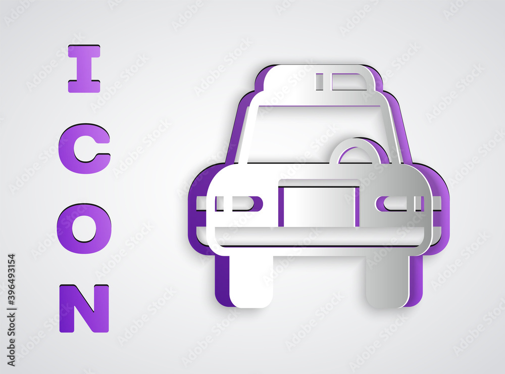 Paper cut Police car and police flasher icon isolated on grey background. Emergency flashing siren. Paper art style. Vector. Paper cut Police car and police flasher icon isolated on grey background. Emergency flashing siren. Paper art style. Vector.