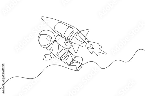 Single continuous line drawing astronaut in spacesuit flying at outer space with jetpack rocket spacecraft. Science milky way astronomy concept. Trendy one line draw design vector illustration graphic