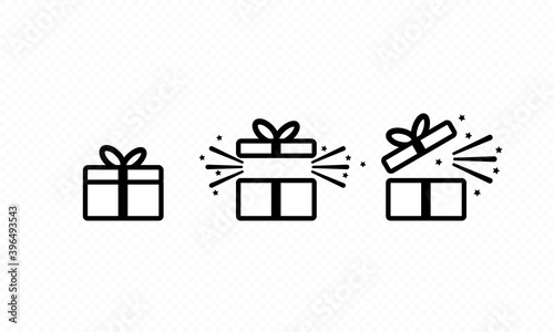 Gift boxes icon set. Party and celebration concept. Surprise and birthday items, gift, present, ribbon, small and big boxes. Vector on isolated transparent background. EPS 10