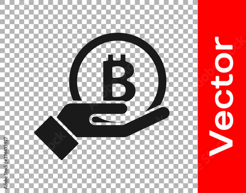 Black Hand holding Bitcoin icon isolated on transparent background. Blockchain technology, digital money market, cryptocoin wallet. Vector.
