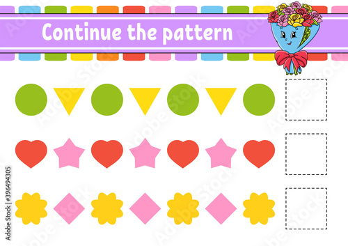 Continue the pattern. Education developing worksheet. Game for kids. Activity page. Puzzle for children. Riddle for preschool. Flat isolated vector illustration. Cute cartoon style.