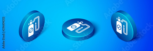 Isometric Pressure sprayer for extermination of insects icon isolated on blue background. Pest control service. Disinfectant sprayer. Blue circle button. Vector.