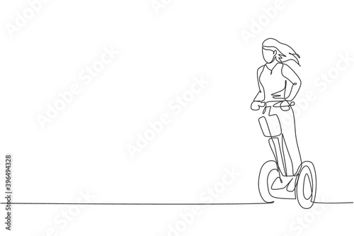 One single line drawing of young energetic woman riding electric kick scooter at city park vector illustration. Future transport. Healthy lifestyle sport concept. Modern continuous line draw design