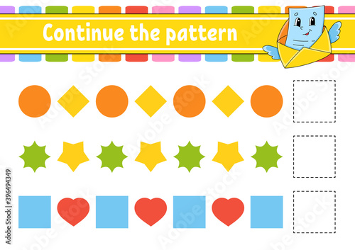 Continue the pattern. Education developing worksheet. Game for kids. Activity page. Puzzle for children. Riddle for preschool. Flat isolated vector illustration. Cute cartoon style.