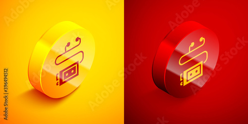 Isometric Museum audio guide icon isolated on orange and red background. Headphones for excursions. Circle button. Vector.