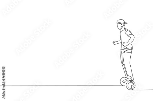One single line drawing of young energetic man riding hoverboard at city park vector graphic illustration. Future transporter. Healthy lifestyle sport concept. Modern continuous line draw design