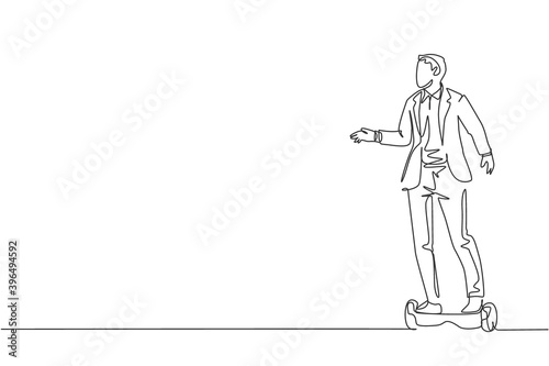 Single continuous line drawing of young happy businessman riding hoverboard to go to the company. Eco friendly transportation. Urban lifestyle concept. Trendy one line draw design vector illustration