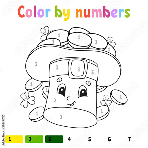 Color by numbers. Coloring book for kids. Vector illustration. Cartoon character. Hand drawn. Worksheet page for children. Isolated on white background. St. Patrick's day.