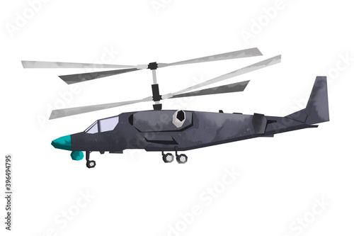 Watercolor millitary helicopter. Isolated aviation vehicle. Cartoon print for kids room. Side view of army machine