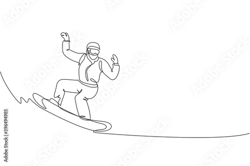 One continuous line drawing of young sporty man snowboarder riding snowboard in alps snowy powder mountain. Winter lifestyle sport concept. Dynamic single line draw graphic design vector illustration