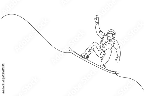 One continuous line drawing of young sporty man snowboarder riding snowboard and jumping alps snowy powder mountain. Winter lifestyle sport concept. Dynamic single line draw design vector illustration