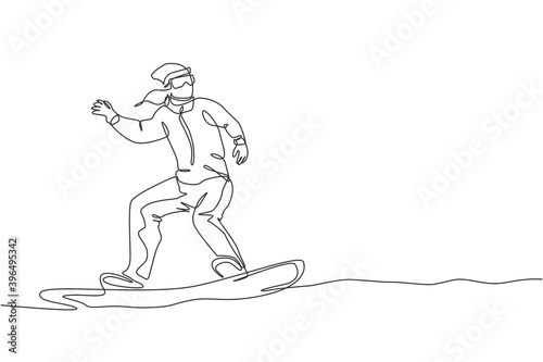 One single line drawing of young energetic snowboarder woman ride fast snowboard at snowy mountain vector illustration. Tourist vacation lifestyle sport concept. Modern continuous line draw design