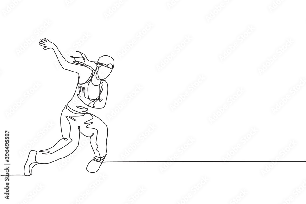 One continuous line drawing young sporty break dancer woman with hat show hip hop dance style in the street. Urban lifestyle sport concept. Dynamic single line draw design vector graphic illustration