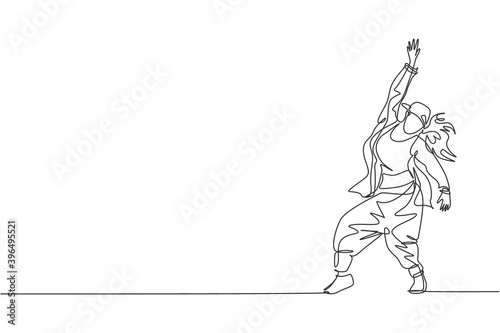 One single line drawing of young modern street dancer woman with hat performing hip hop dance on the stage vector illustration graphic. Urban generation lifestyle concept. Continuous line draw design