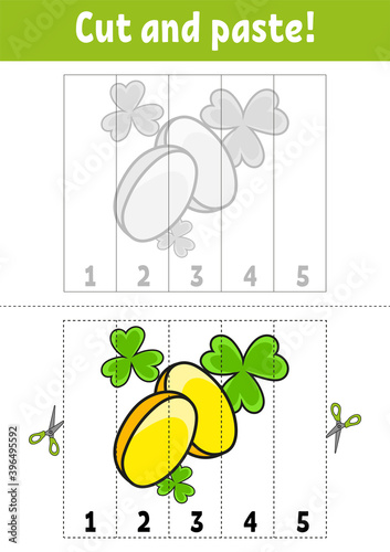 Learning numbers 1-5. Cut and glue. Cartoon character. Education developing worksheet. Game for kids. Activity page. Color isolated vector illustration. St. Patrick's day.