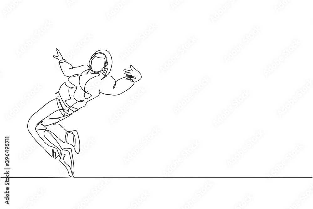 Single continuous line drawing of young energetic hip-hop dancer man on hoodie practice break dancing on street. Urban generation lifestyle concept. Trendy one line draw design vector illustration