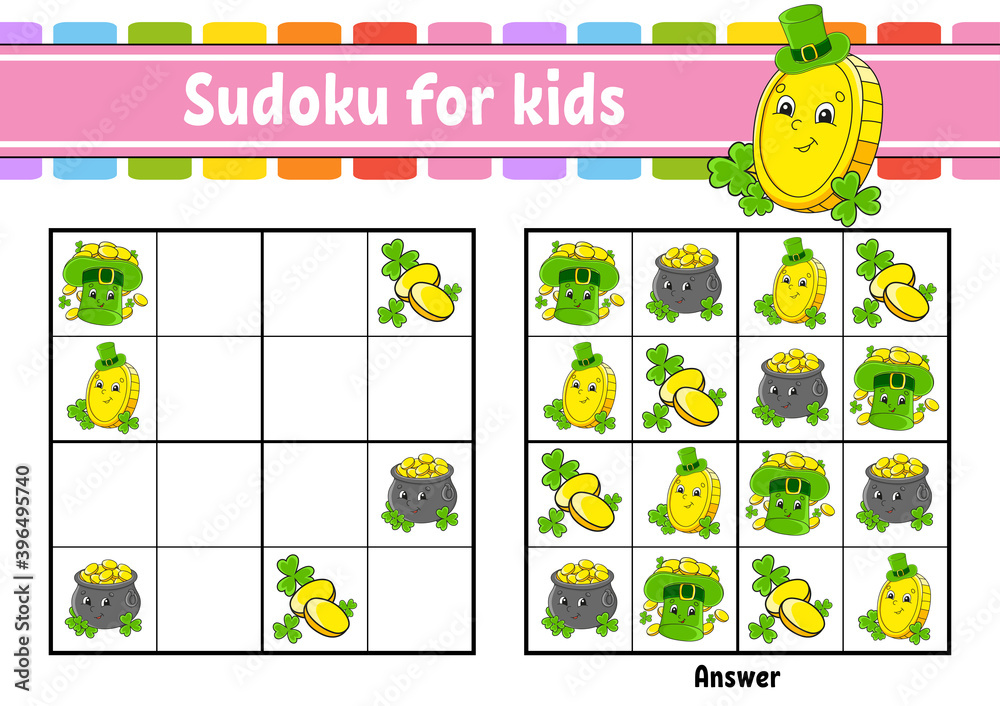 Obraz premium Sudoku for kids. Education developing worksheet. Cartoon character. Color activity page. Puzzle game for children. Logical thinking training. Isolated vector illustration. St. Patrick's day.