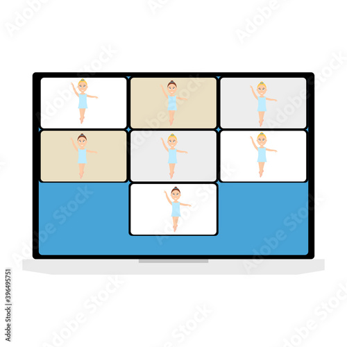 Ballet lesson, distant education online. Kids ballerinas at distant dance course via internet connection. work shop, master class during pandemic corona virus, covid-19, Stay home