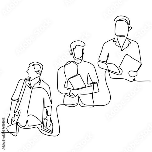 One continuous line drawing of three young man in university. Happy handsome guys is standing pose while holding a book in campus area isolated on white background. Minimalist design