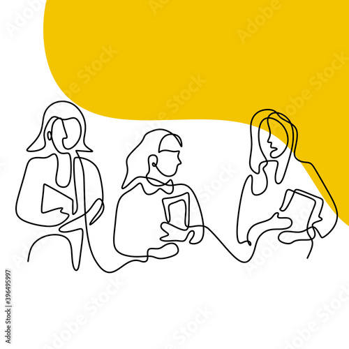 Continuous line drawing of three woman standing pose. Young smiling beautiful girl holding in a campus while holding book. Women in character happy teenager student. Back to school concept