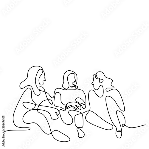 Group of woman continuous line drawing. Young teenager female sitting and talking together isolated on white background. Friendship concept hand-draw line art with minimalism design.