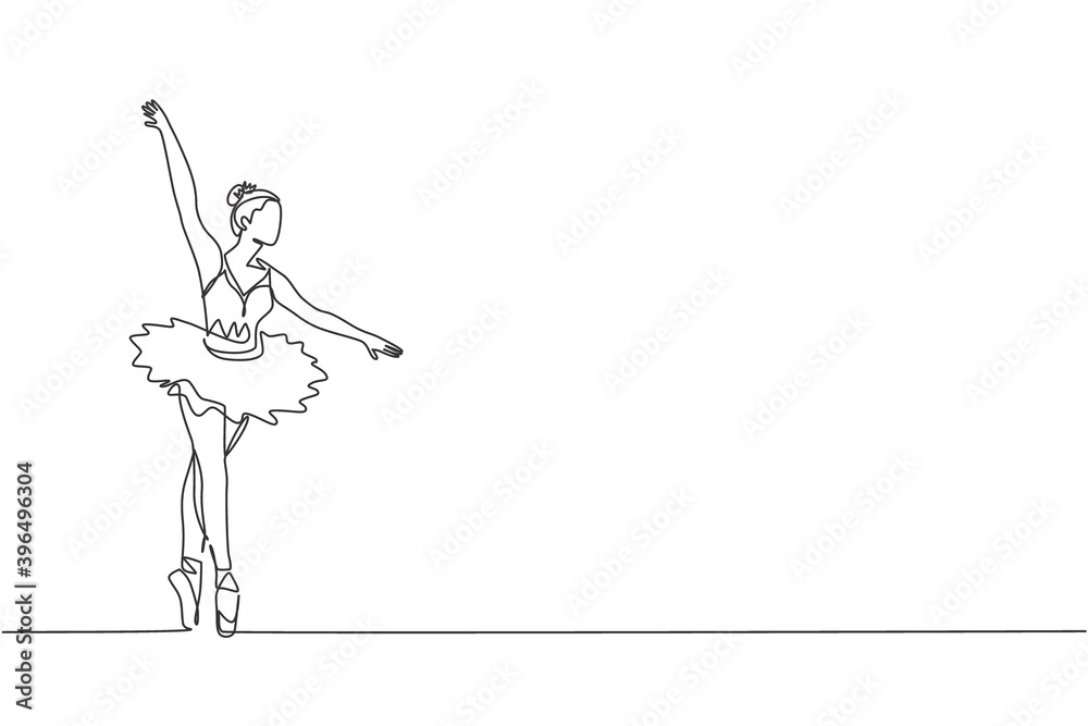 Single continuous line drawing of young graceful pretty ballerina demonstrated classic ballet choreography dancing skill. Opera dance concept. Trendy one line draw graphic design vector illustration Single continuous line drawing of young graceful pretty ballerina demonstrated classic ballet choreography dancing skill. Opera dance concept. Trendy one line draw graphic design vector illustration