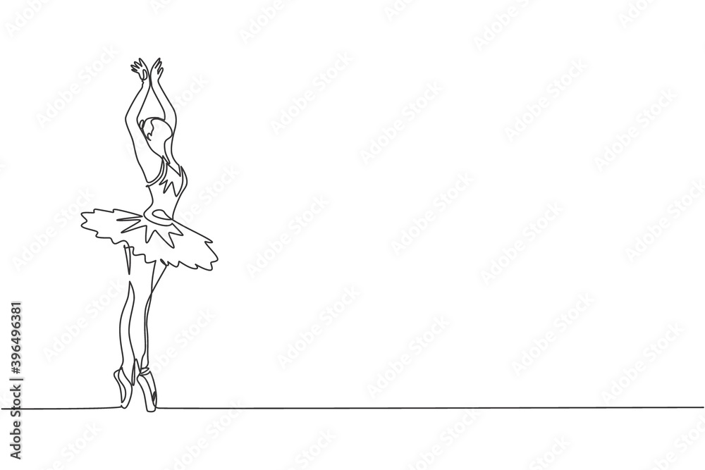 One continuous line drawing of young graceful woman ballet dancer perform beauty classic dance at stage of opera house. Ballet performance concept. Dynamic single line draw design vector illustration - obrazy, fototapety, plakaty 