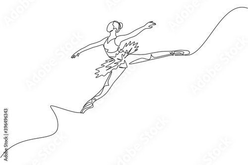 One continuous line drawing of young graceful woman ballet dancer perform beauty classic dance at stage of opera house. Ballet performance concept. Dynamic single line draw design vector illustration