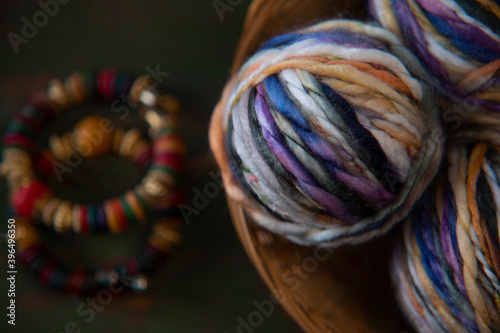 Multicolor yarn balls kept in a backet 