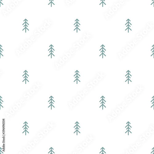 blue ornament with line fir-trees and snowflakes on white background. Forest blizzard.