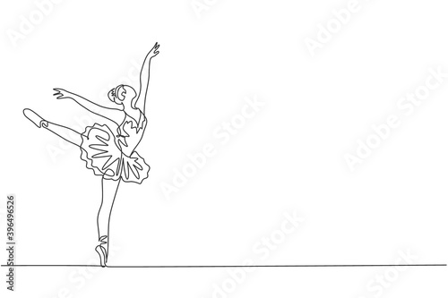 One single line drawing of young beauty dancer woman on tutu exercise classic ballet dance at ballet class graphic vector illustration. Choreographic move concept. Modern continuous line draw design