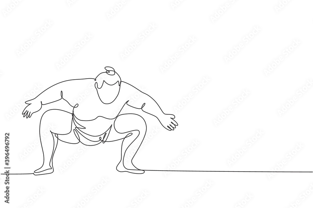 One single line drawing of young overweight Japanese sumo man ready to fight at arena competition vector illustration. Traditional rikishi combative sport concept. Modern continuous line draw design One single line drawing of young overweight Japanese sumo man ready to fight at arena competition vector illustration. Traditional rikishi combative sport concept. Modern continuous line draw design