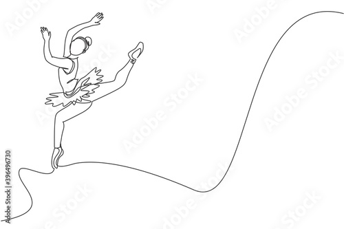 One single line drawing of young beauty dancer woman on tutu jumping exercise classic ballet dance at ballet class vector illustration. Choreographic move concept. Modern continuous line draw design