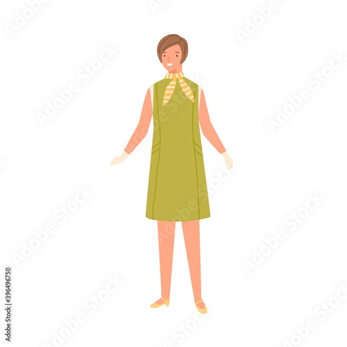 Stylish young woman wearing fashionable dress, scarf and gloves in 60s style. Female character in retro clothes. Flat vector cartoon illustration of isolated on white
