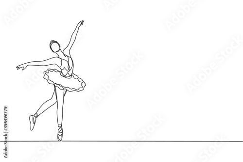 One single line drawing of young beauty dancer woman on tutu exercise classic ballet dance at ballet class vector graphic illustration. Choreographic move concept. Modern continuous line draw design