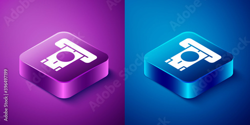 Isometric ATM - Automated teller machine and money icon isolated on blue and purple background. Square button. Vector.